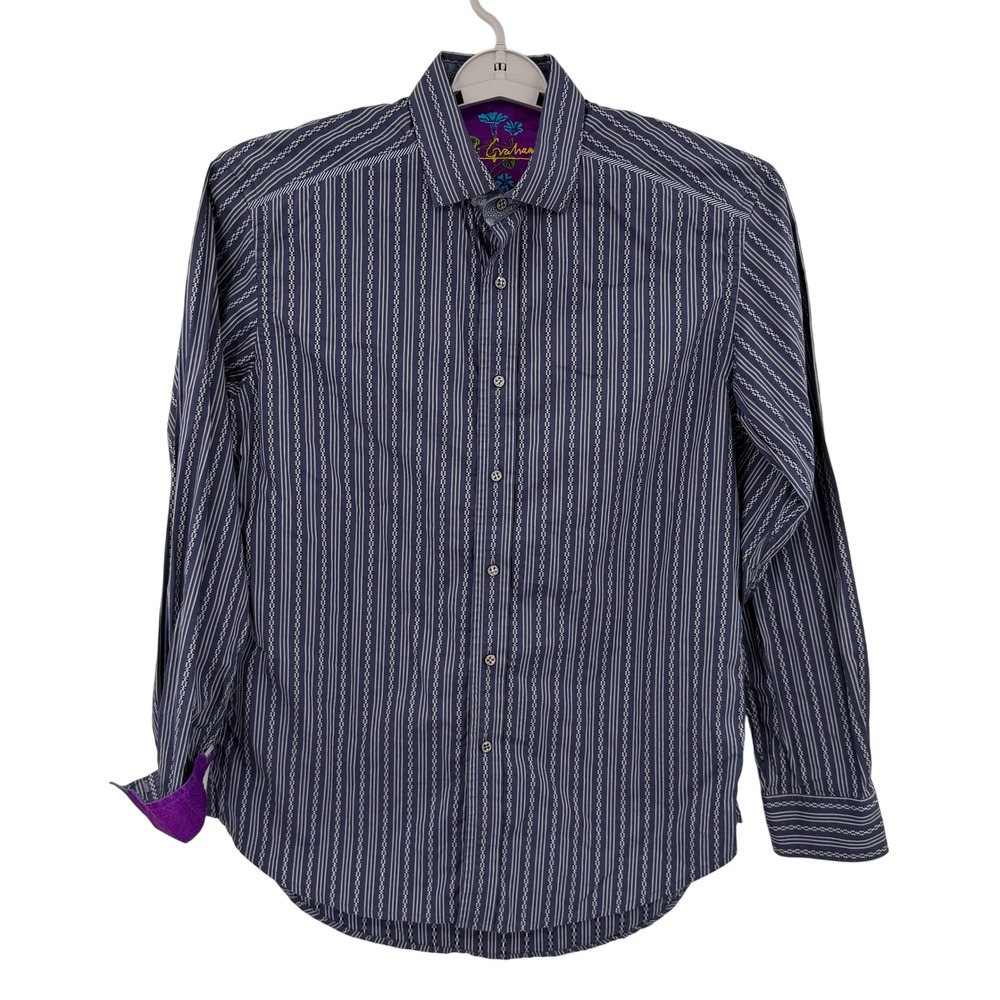 Robert Graham Mens Medium Blue Striped Long Sleeve Button Down Shirt Purple Trim